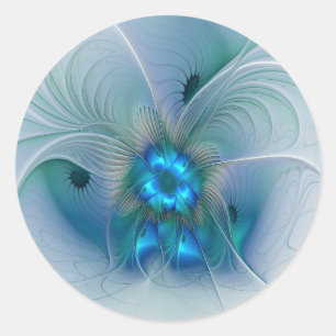 Pegatina Redonda Ovaciones de pie, fractal azul turquesa abstracto