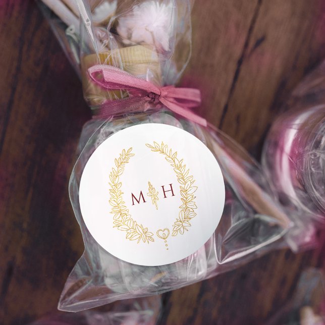 Pegatina Redonda Oval wreath wedding monogram gold dark red white (Subido por el creador)
