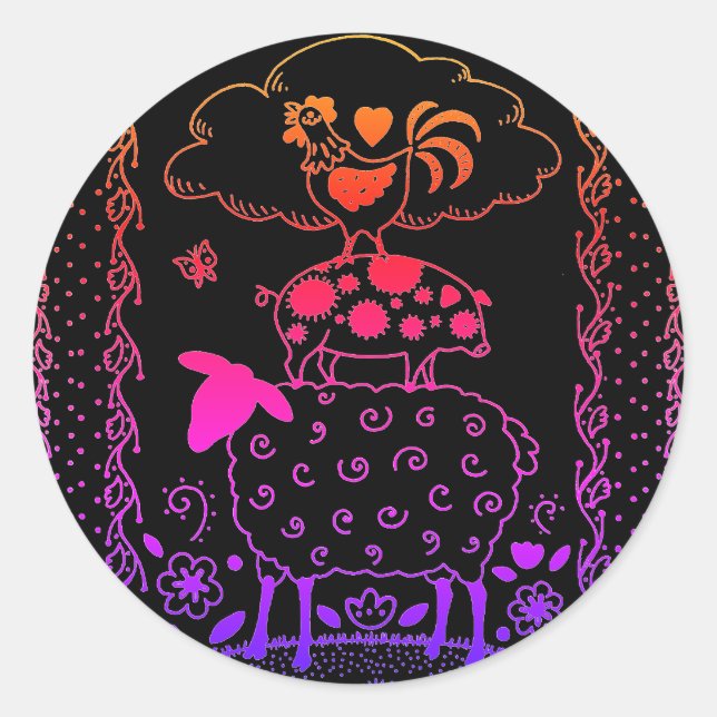 PEGATINA REDONDA OVEJA DE ANIMALES DE AGRICULTURA DE ARTE FOLLAR, C (Anverso)