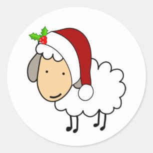 Pegatina Redonda Oveja de Navidad con sombrero de Santa