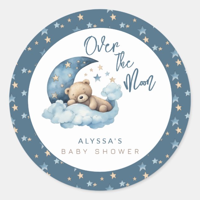Pegatina Redonda Over the Moon Baby Shower (Anverso)