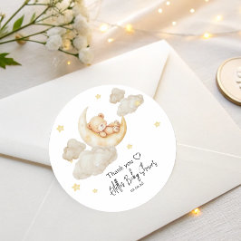 Pegatina Redonda Over The Moon Baby Shower Stickers with Teddy Bear