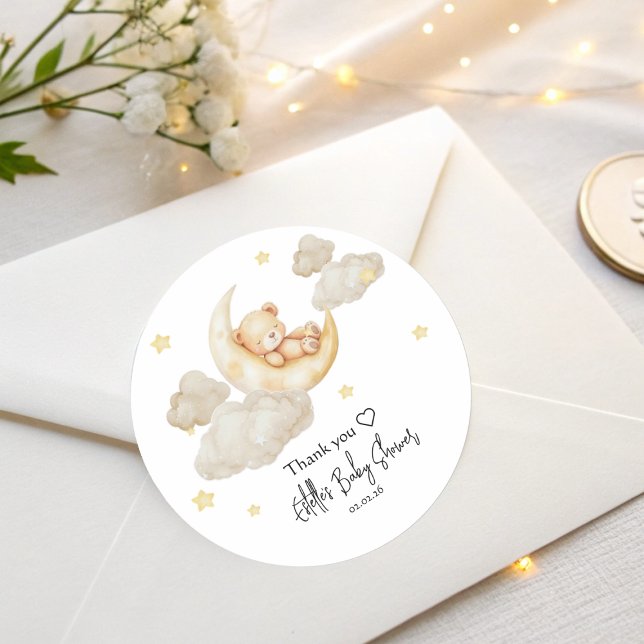 Pegatina Redonda Over The Moon Baby Shower Stickers with Teddy Bear (Subido por el creador)
