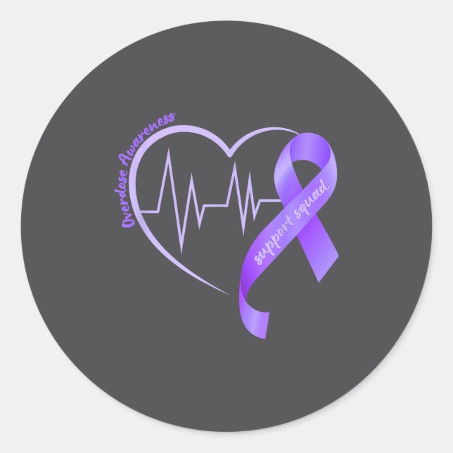 Pegatina Redonda Overdose Awareness Month Purple Ribbon Heart Suprt (Anverso)