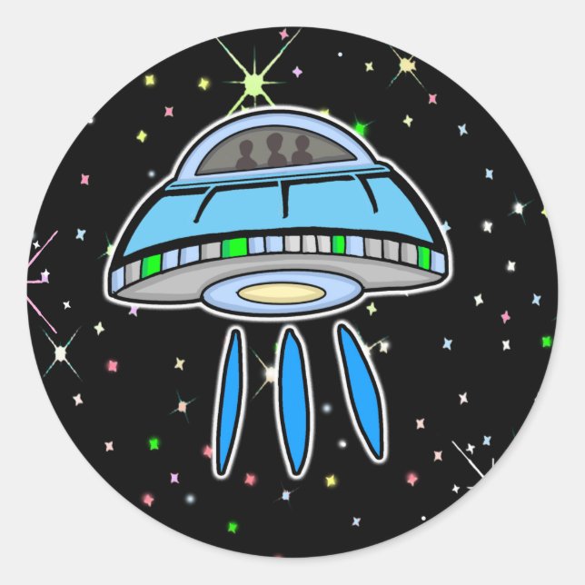 Pegatina Redonda OVNI azul con espacio exterior nocturno estrellado (Anverso)