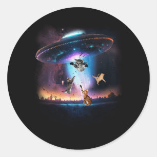 Pegatina Redonda OVNI Portando Gatos Sci-fi ALien Space Galaxy Cat 