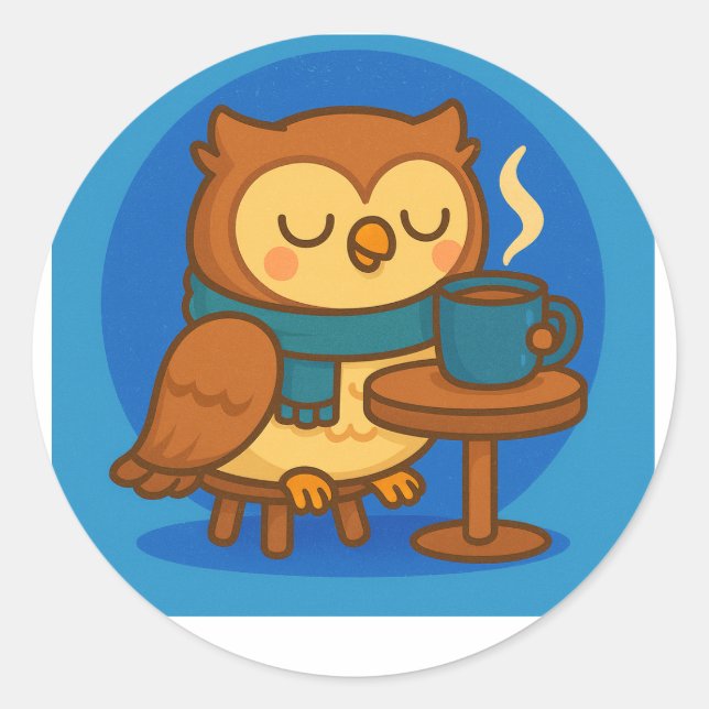 Pegatina Redonda Owl Coffee Break (Blue Background) Sticker (Anverso)