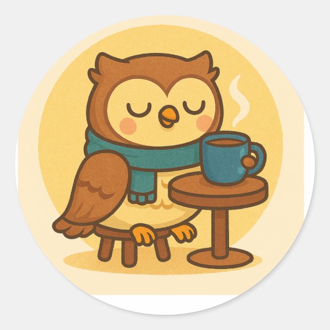 Pegatina Redonda Owl Coffee Break Sticker (Anverso)