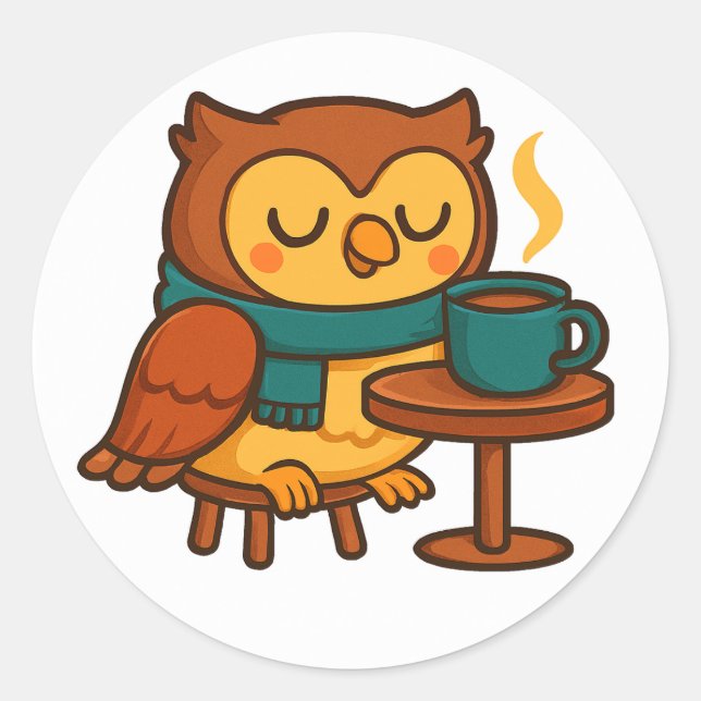 Pegatina Redonda Owl Coffee Break (White Background Glossy) Sticker (Anverso)