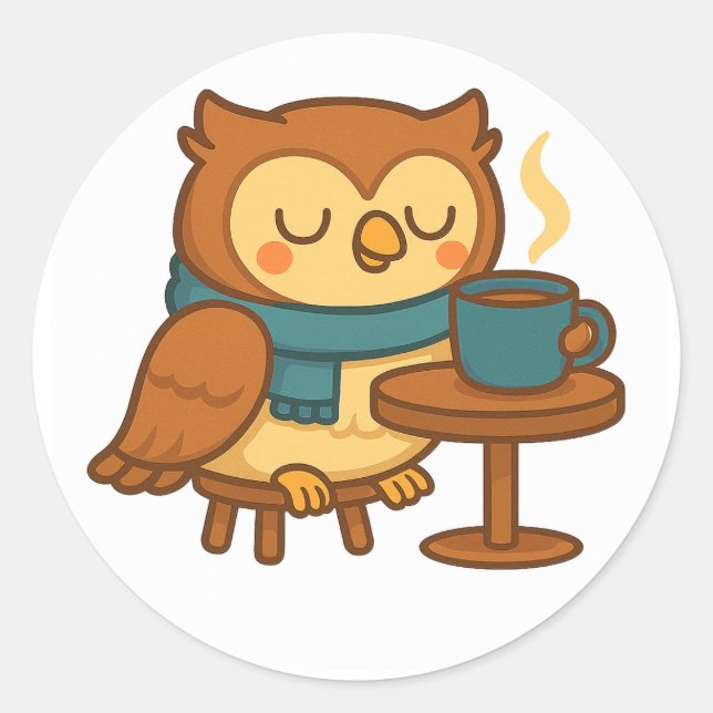 Pegatina Redonda Owl Coffee Break (White Background) Sticker (Anverso)