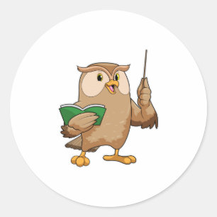 Pegatina Redonda Owl como profesor con libro y puntero