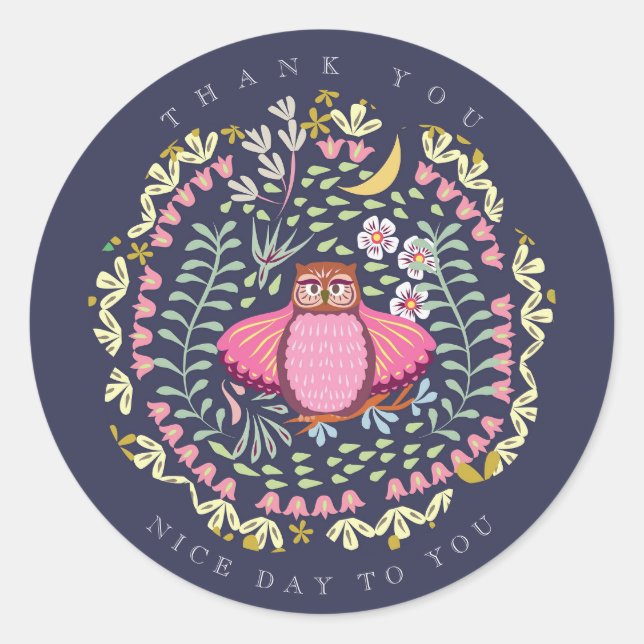 Pegatina Redonda Owl Folk (Anverso)