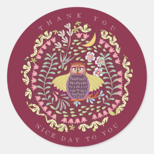 Pegatina Redonda Owl Folk Wine Red