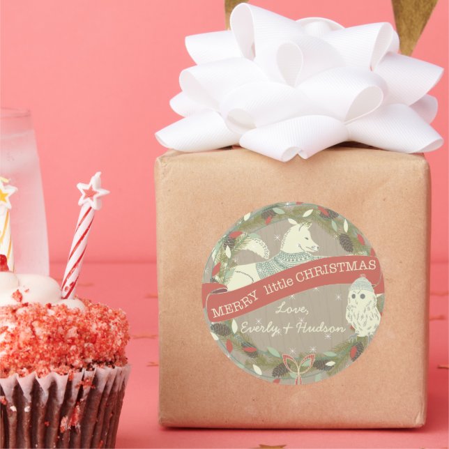 Pegatina Redonda Owl Fox Merry pequeños Navidades Garland de luz (Fiesta)