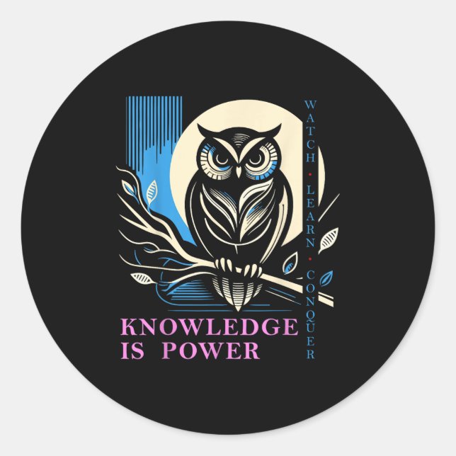 Pegatina Redonda Owl - Knowledge Is Wer - Wisdom Owl Design  (Anverso)
