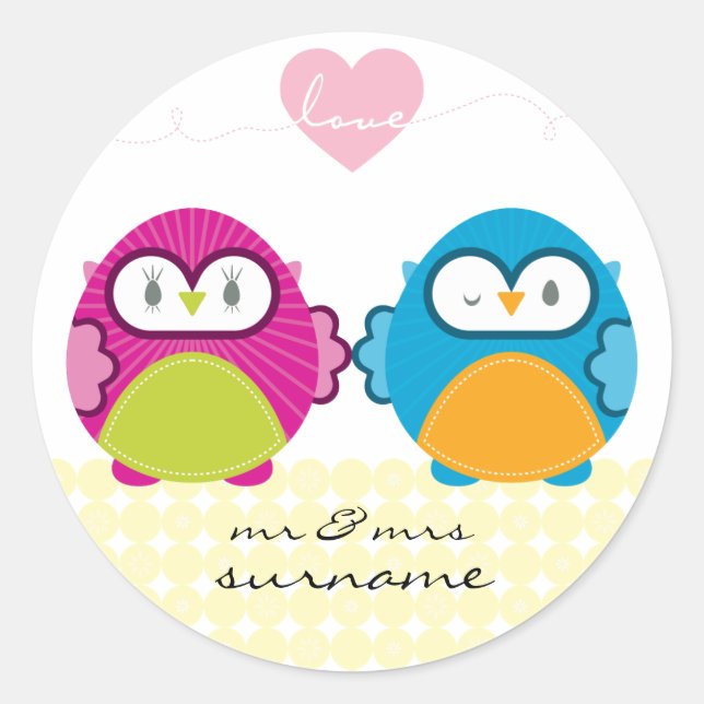 Pegatina Redonda OWL LOVE :: chica brillante + niño (Anverso)
