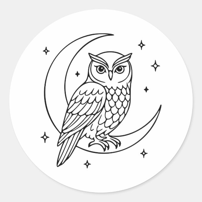 Pegatina Redonda  Owl on Crescent Moon with Stars Line Art (Anverso)
