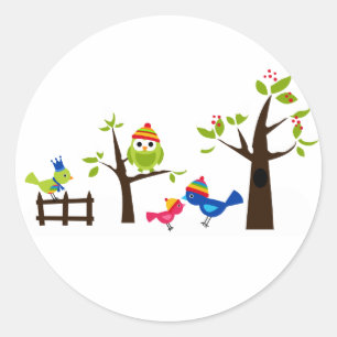 Pegatina Redonda Owl Owls Birds Winter Snow Cute Tree Personalizado