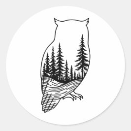 Pegatina Redonda Owl Silhouette with Forest Scene