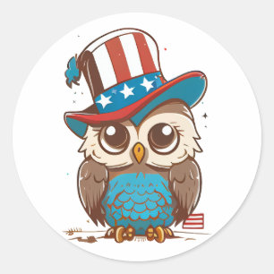 Pegatina Redonda Owl USA Independence Day 4 de julio Lechuza nortea