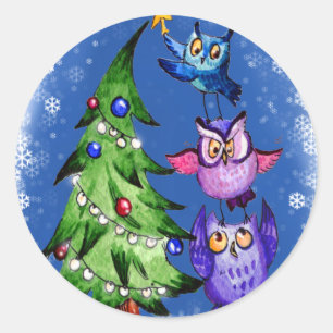 Pegatina Redonda Owls Navidades azul