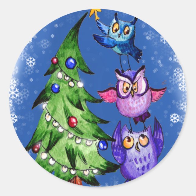 Pegatina Redonda Owls Navidades azul (Anverso)