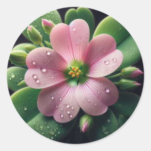 Pegatina Redonda Oxalis verde y rosa floral