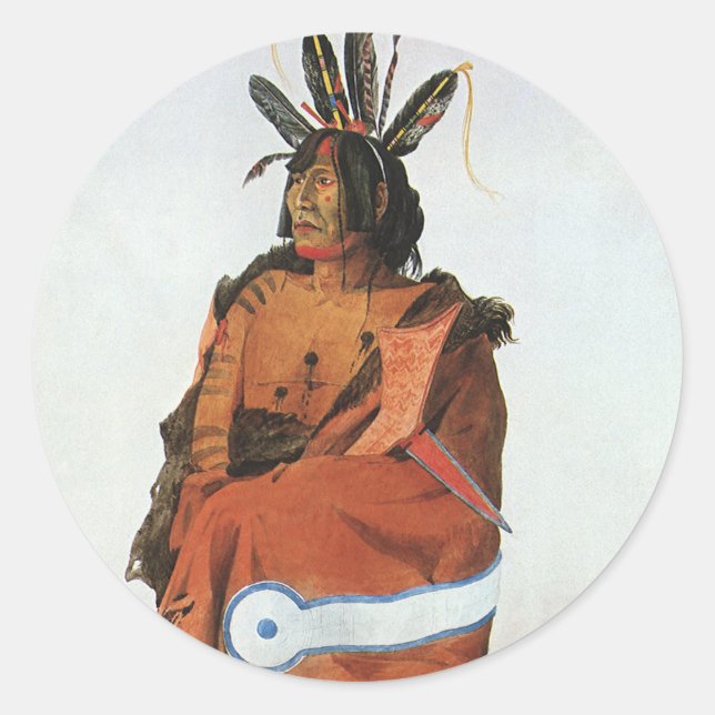 Pegatina Redonda Pachtuwa-Chta, retrato de guerrero arikara de Bodm (Anverso)