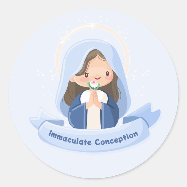 Pegatina Redonda Pacífica Virgen Kawaii, María orando - Azul claro (Anverso)