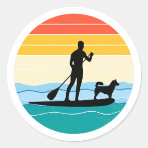 Pegatina Redonda Paddleboard Paddle Paddle Perro de deportes acuáti