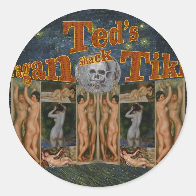 Pegatina Redonda Pagan Tiki Shack de Ted (Anverso)