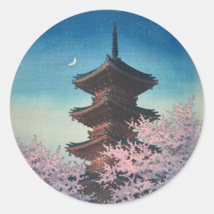 Pegatina Redonda Pagoda japonesa vintage de una tarde de primavera