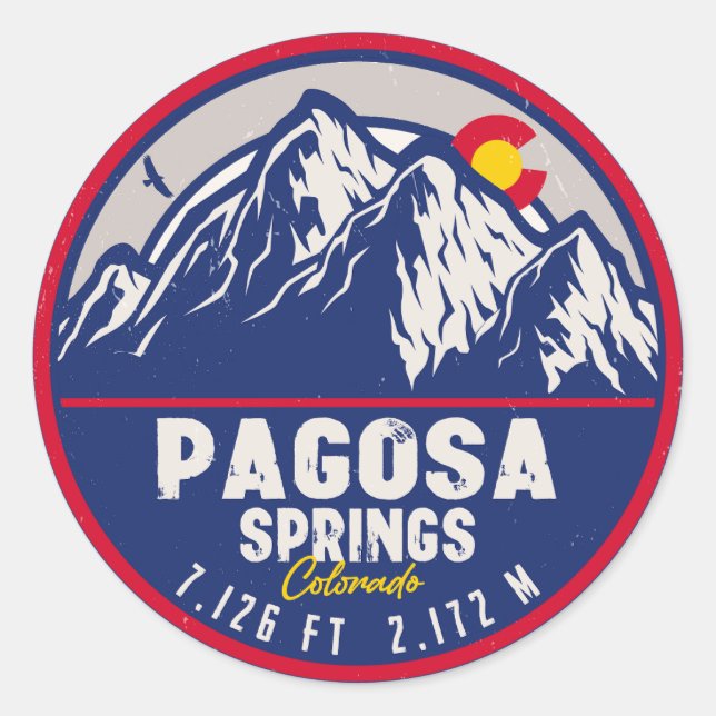 Pegatina Redonda Pagosa Springs Colorado Retro Sunset Mountain (Anverso)