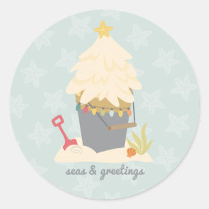 Pegatina Redonda Pail de arena para Navidades de playa