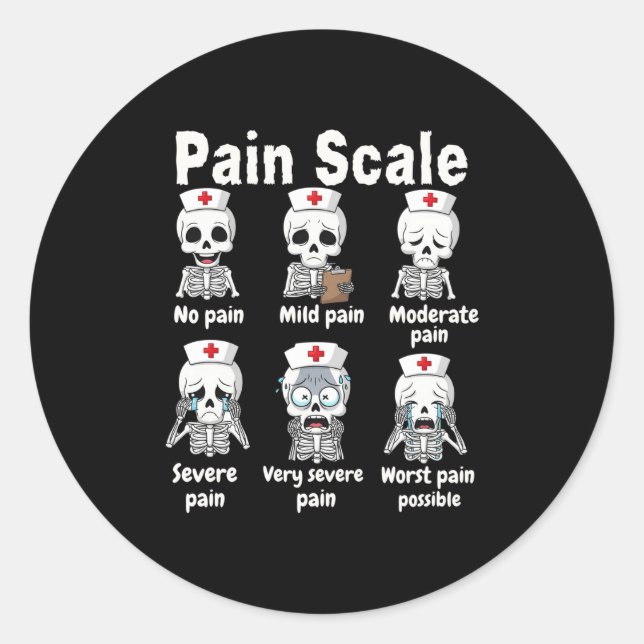 Pegatina Redonda Pain Scale Cute Nurse Skeleton Halloween Trauma Fu (Anverso)