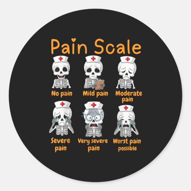 Pegatina Redonda Pain Scale Cute Nurse Skeleton Halloween Trauma Fu (Anverso)