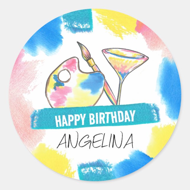 Pegatina Redonda Paint and Sip Adulto Adulto Birthday Painting & Wi (Anverso)