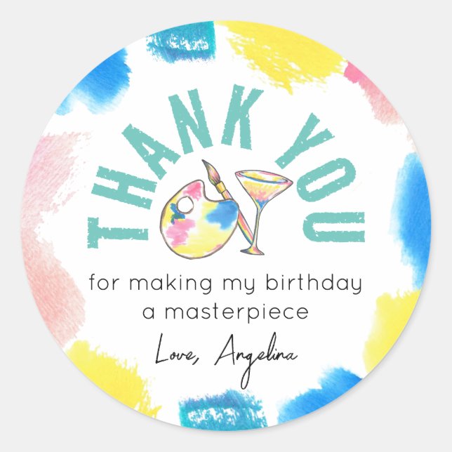 Pegatina Redonda Paint and Sip Birthday Wine Party Favorito Gracias (Anverso)