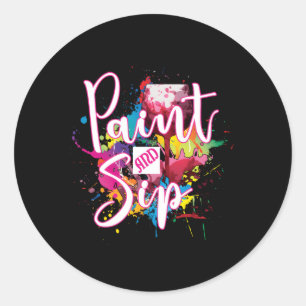 Pegatina Redonda Paint And Sip Py Night Canvas De Vino