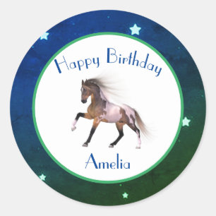 Pegatina Redonda Paint Horse Happy Birday Blue Green Pegatinas