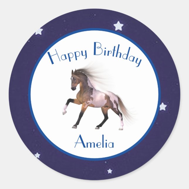 Pegatina Redonda Paint Horse Happy Birday Personalizado (Anverso)