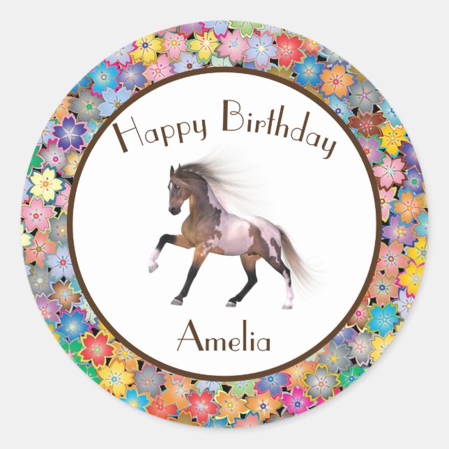 Pegatina Redonda Paint Horse Happy Birday Personalizado (Anverso)
