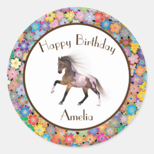 Pegatina Redonda Paint Horse Happy Birday Personalizado