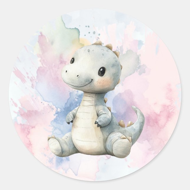 Pegatina Redonda Paint Splash Adorable Dinosaur Baby Shower (Anverso)