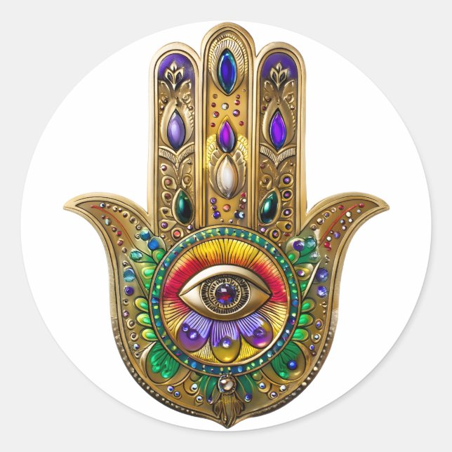 Pegatina Redonda Painted Gold Hamsa Amethyst Ruby Third Eye (Anverso)