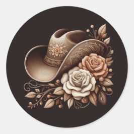 Pegatina Redonda País Gorra de Vaquera Occidental con Flores