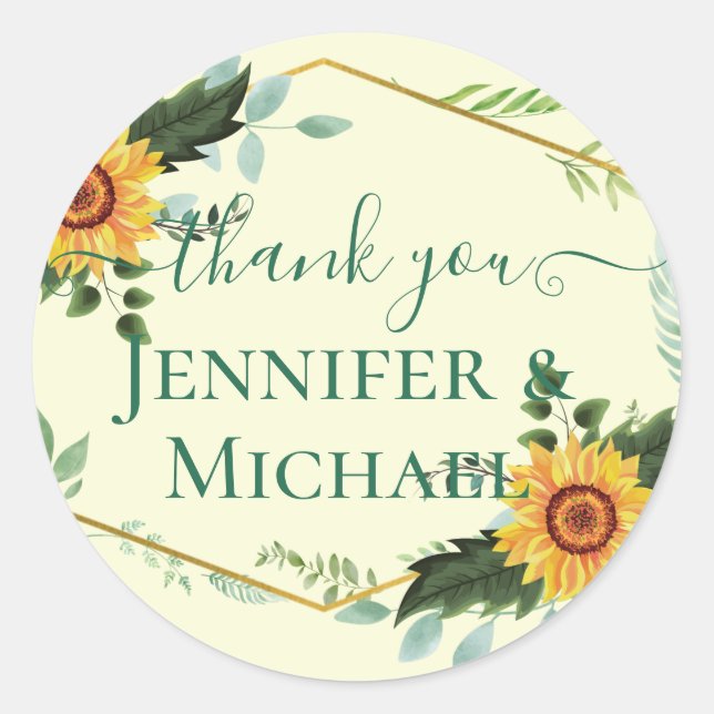 Pegatina Redonda País Rústico Girasoles verde presupuesto Boda (Anverso)