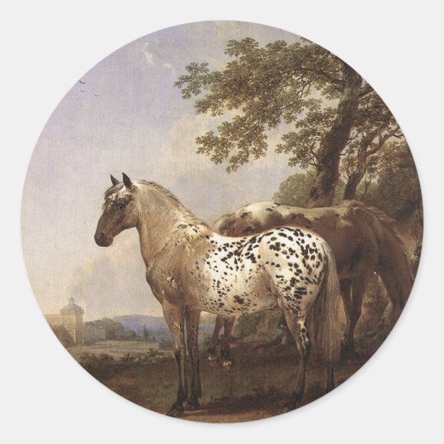 Pegatina Redonda Paisaje con dos caballos (Anverso)