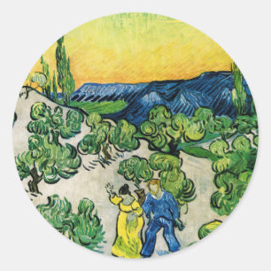 Pegatina Redonda Paisaje con Pareja caminando por Vincent van Gogh