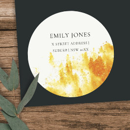 PEGATINA REDONDA PAISAJE DE COLOR DE AGUA AMARILLO TREE FOLIAGE MON